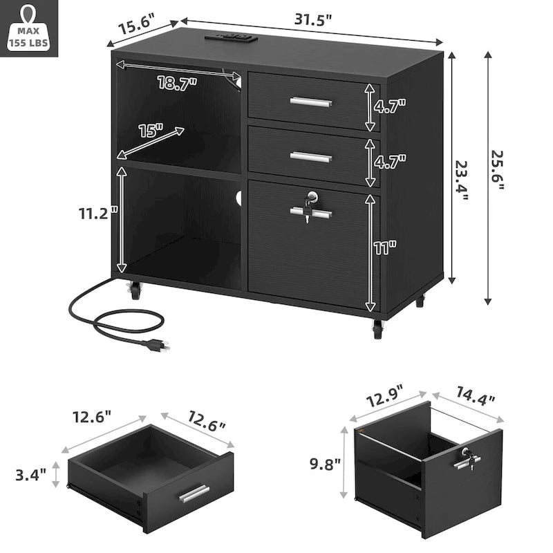 3 Drawers Mobile LED Light Filing Cabinet with Charging Station Fit for A4/Letter Size