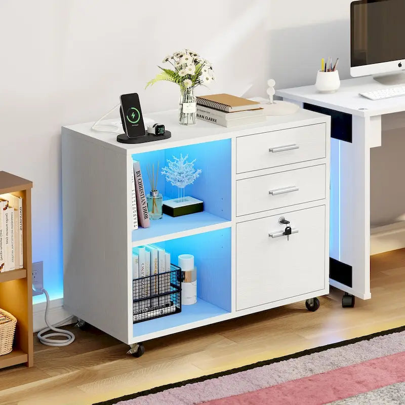 3 Drawers Mobile LED Light Filing Cabinet with Charging Station Fit for A4/Letter Size