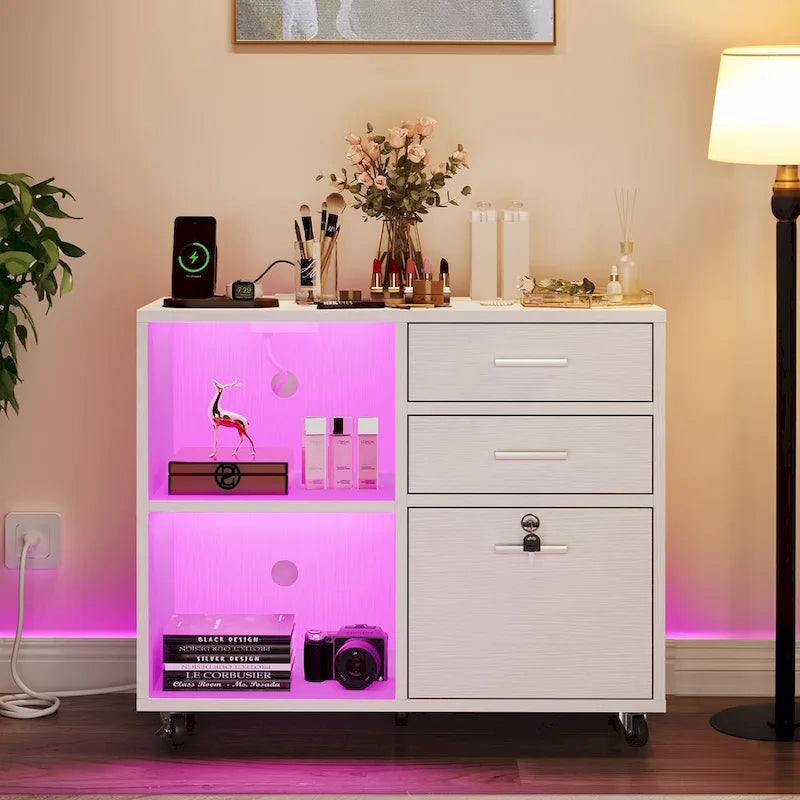 3 Drawers Mobile LED Light Filing Cabinet with Charging Station Fit for A4/Letter Size