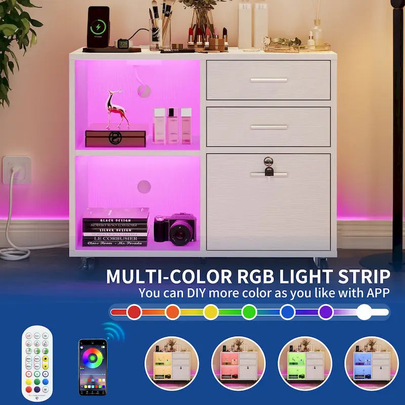 3 Drawers Mobile LED Light Filing Cabinet with Charging Station Fit for A4/Letter Size