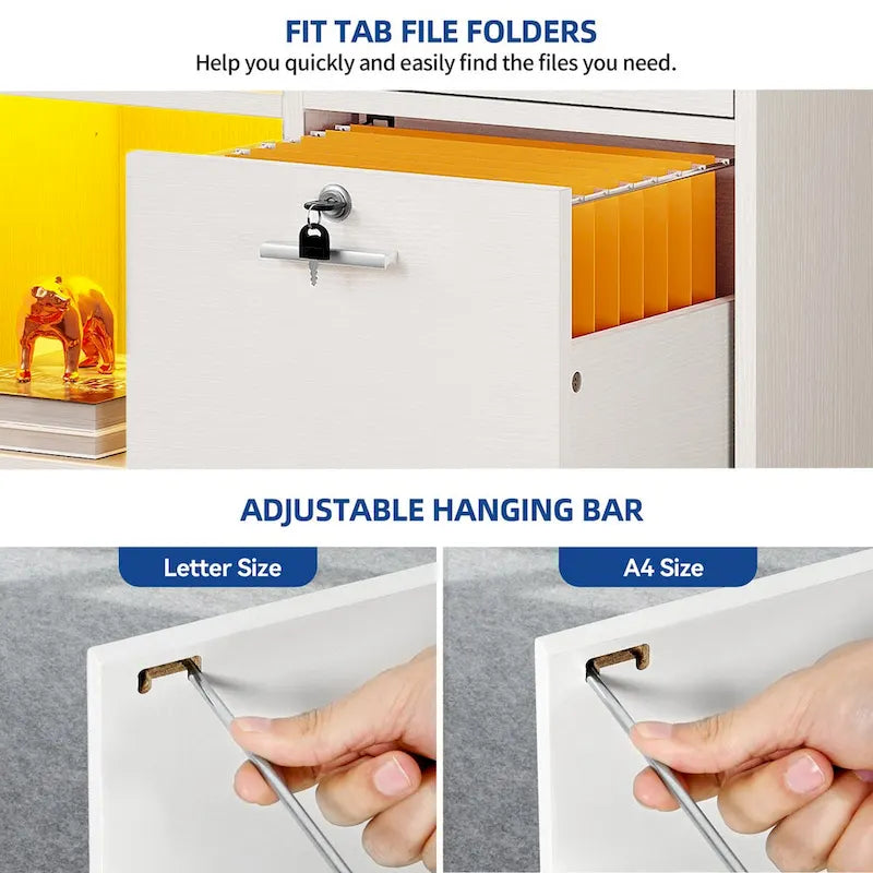 3 Drawers Mobile LED Light Filing Cabinet with Charging Station Fit for A4/Letter Size