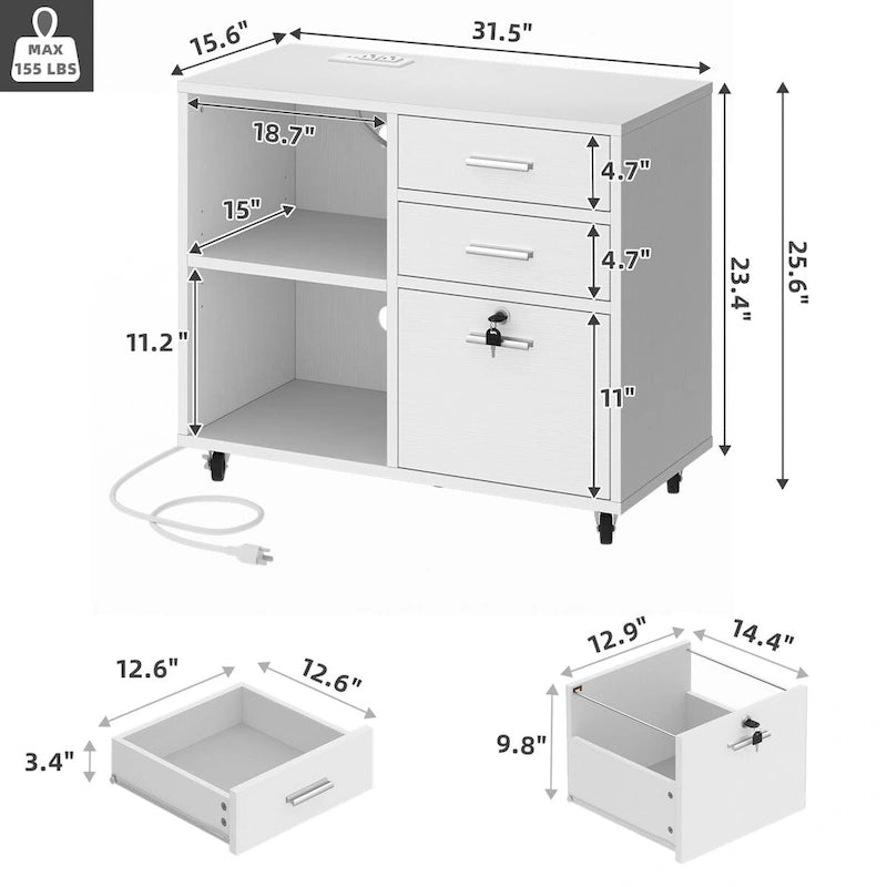 3 Drawers Mobile LED Light Filing Cabinet with Charging Station Fit for A4/Letter Size
