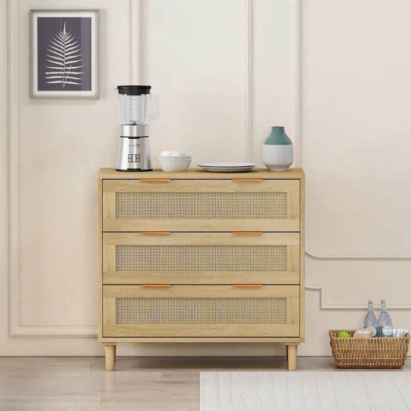 Oak Rattan 3-Drawer Storage Cabinet for Bedroom, Living Room, and Hallways