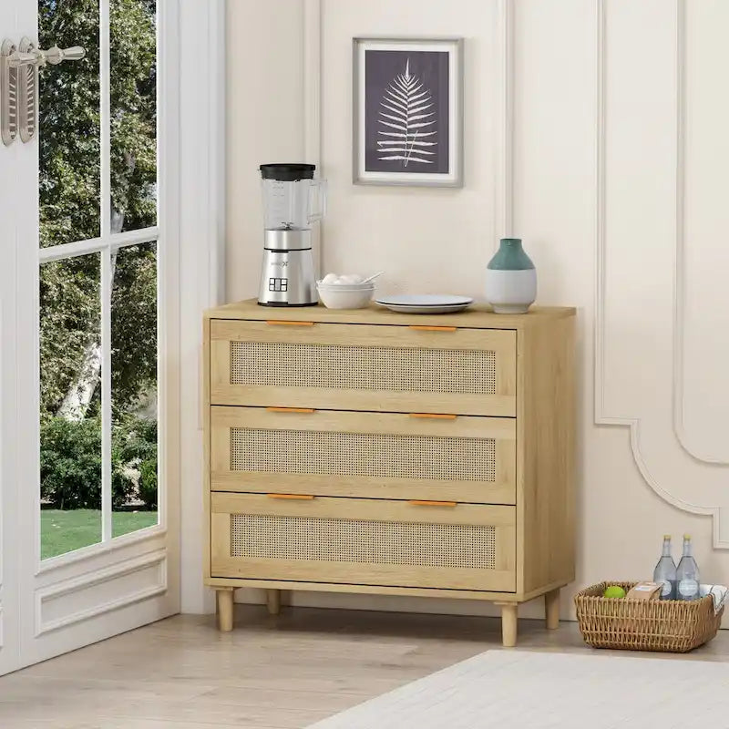 Oak Rattan 3-Drawer Storage Cabinet for Bedroom, Living Room, and Hallways