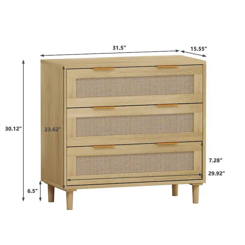 Oak Rattan 3-Drawer Storage Cabinet for Bedroom, Living Room, and Hallways