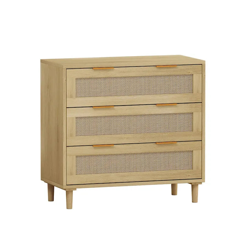 Oak Rattan 3-Drawer Storage Cabinet for Bedroom, Living Room, and Hallways