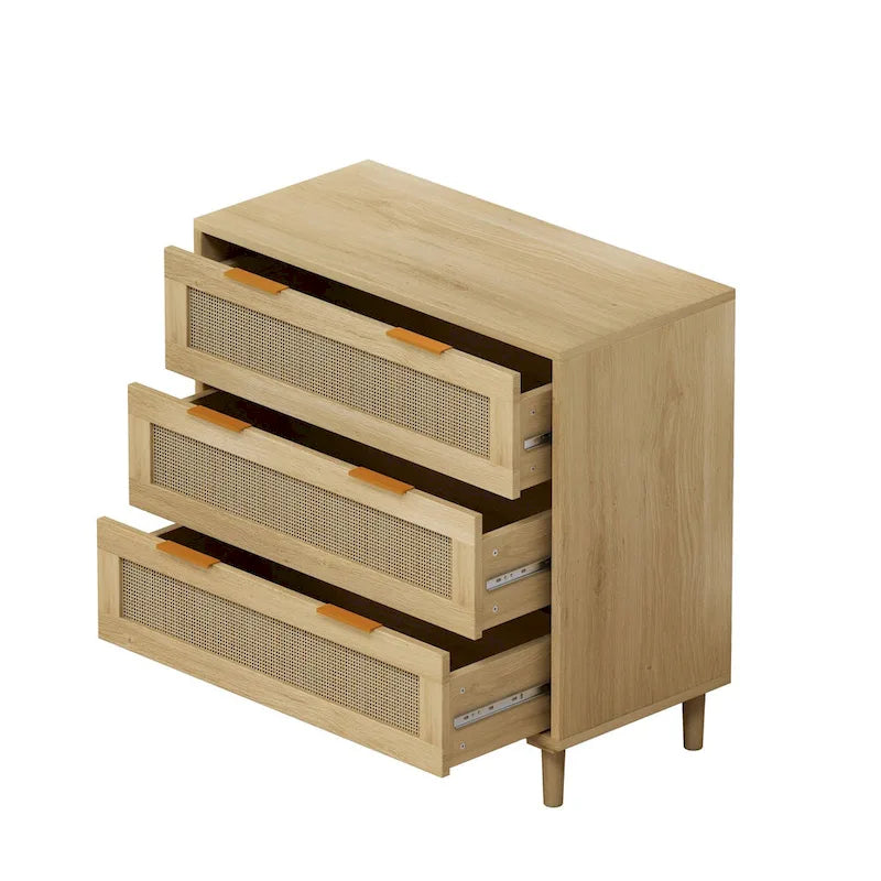 Oak Rattan 3-Drawer Storage Cabinet for Bedroom, Living Room, and Hallways
