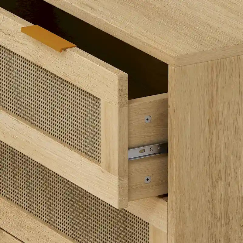 Oak Rattan 3-Drawer Storage Cabinet for Bedroom, Living Room, and Hallways
